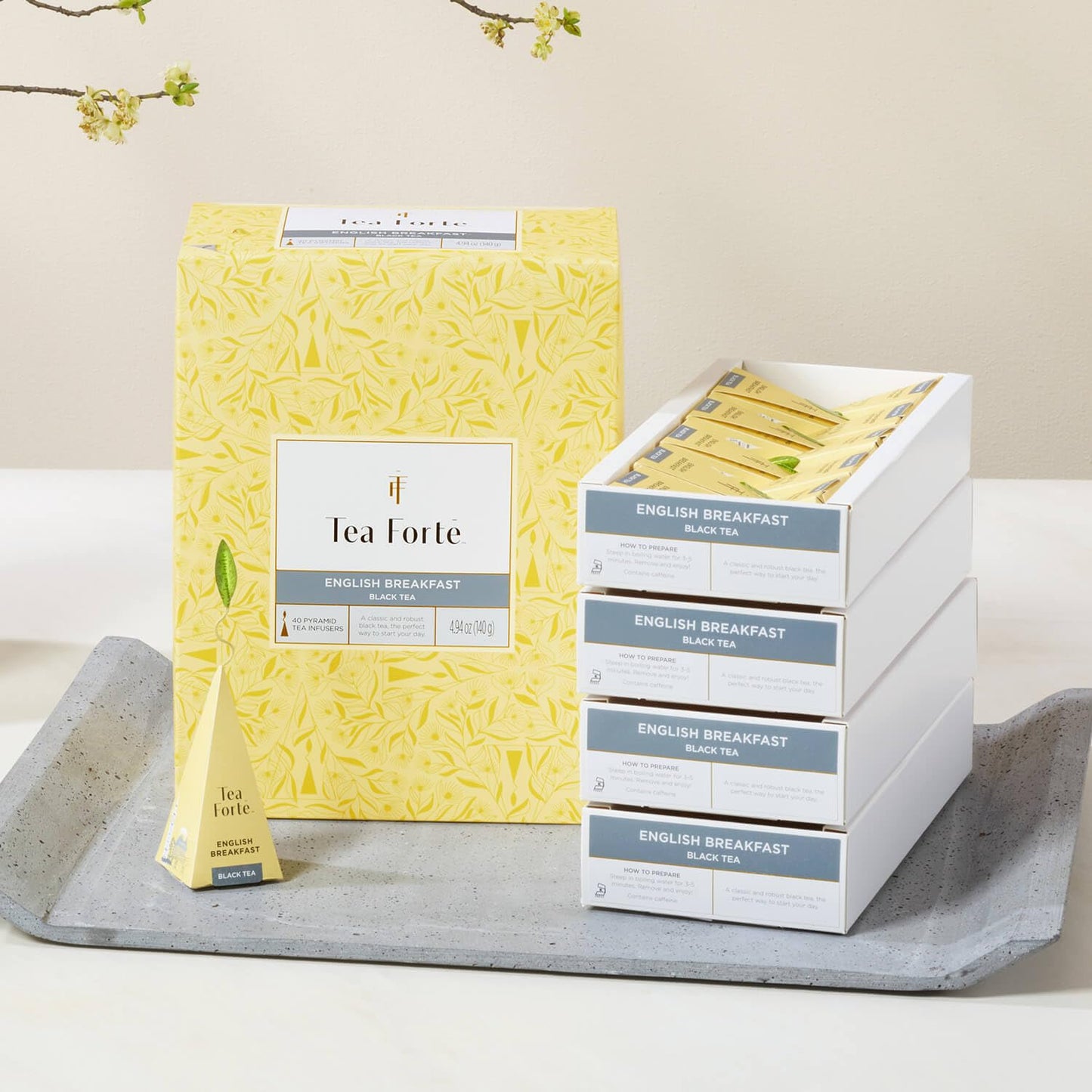 Tea Forte Cherry Blossom Premium Caffeinated Green Tea Blend Event Box, Bulk Pack 40 Count, 10 per tray Individually Wrapped Handcrafted Pyramid Infusers
