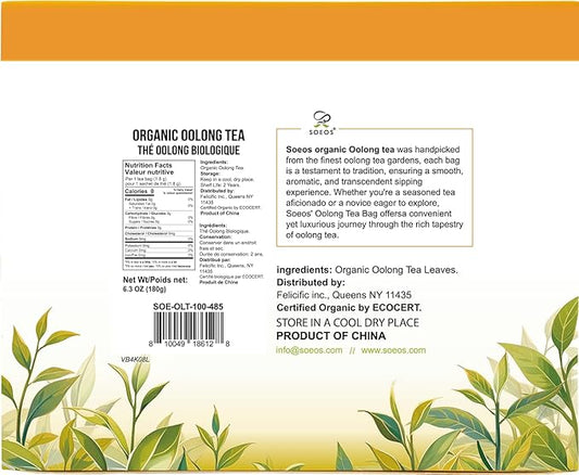 Soeos Organic Oolong Tea, 100 Tea Bags, Low Caffeine, Hot and Cold Brew, Fresh and Healthy Oolong Tea, 6.3 Ounce