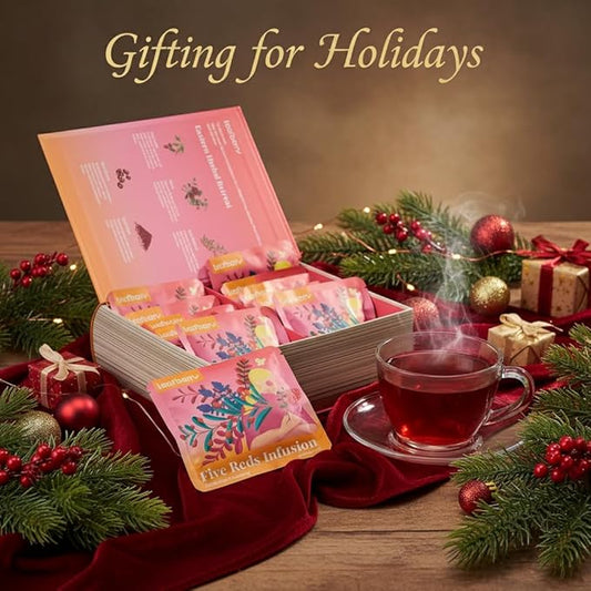 Five Reds Tea for Rejuvenates Energy, Leafberry Sampler Wellness Functional Herbal Tea Detox Boosts Immunity Awaken Rose Jasmine Red Dates Beans 10 Bags Box Teas Drinkers Gifts for Women