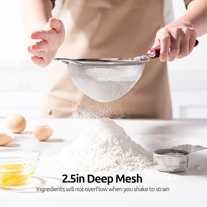 18/8 Stainless Steel Mesh Strainer: U-Taste 5.5 Inch Kitchen Fine Mesh Sieve Food Colander with Riveted Sturdy Silicone Handle and 30 Mesh Hole for Straining Flour, Pasta, Fruit, Quinoa (Red)