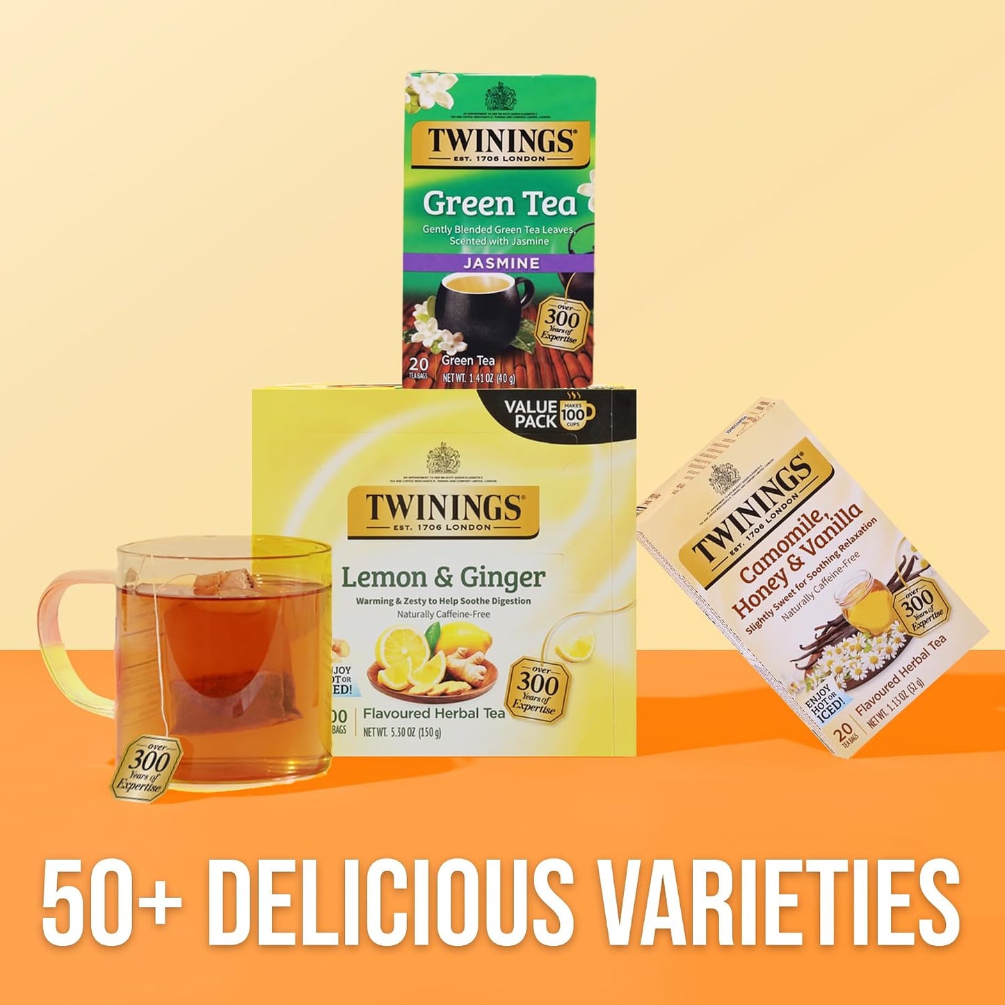 Twinings Camomile, Honey & Vanilla Herbal Tea Bags, 20 CT Box (6 Pack) | Calming for Relaxation, Naturally Caffeine-Free, 120 Foil Lined Individually Wrapped Bags, Enjoy Hot or Iced
