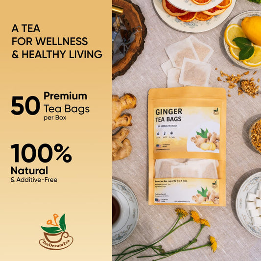 Ginger Tea Bags - 25 Bags - Premium & Spicy Ginger Herbal Tea - Pure Natural Extract Caffeine-Free and Gluten-Free Herbal Tea from Real Flowers for Relaxation with Smooth Taste (25 count)