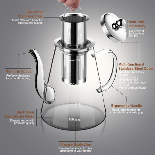Zpose Glass Teapot, 1200ml (40oz) Tea Pot with Infuser for Loose Tea and Blooming Tea, Stovetop Safe Tea Kettle, Hand Crafted