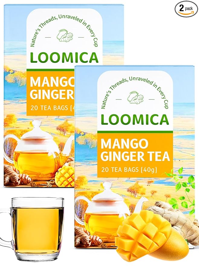 LOOMICA Mango Ginger Tea Bags, Caffeine-Free, Spiced Herbal Tea with Ginger, Cardamom & Cinnamon, Na