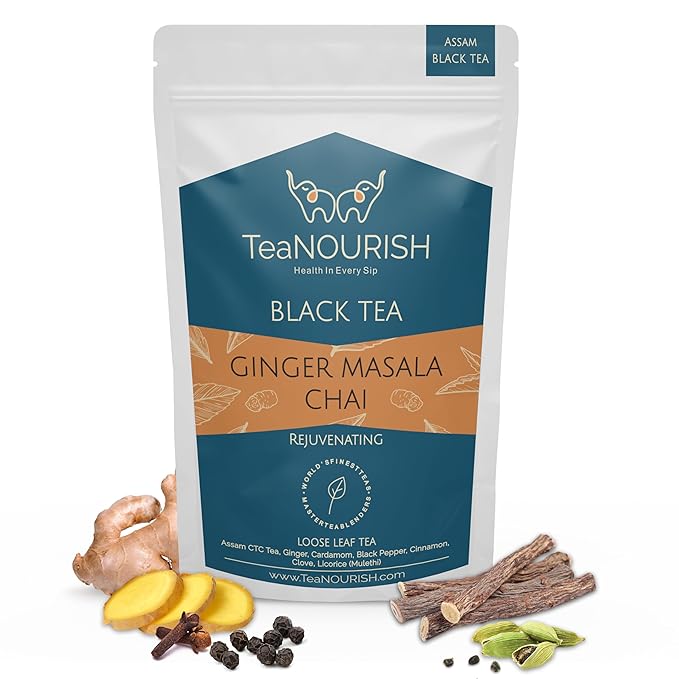 TeaNOURISH Ginger Masala Chai Tea | Assam CTC Loose Black Tea | Blended with Authentic Indian Spices