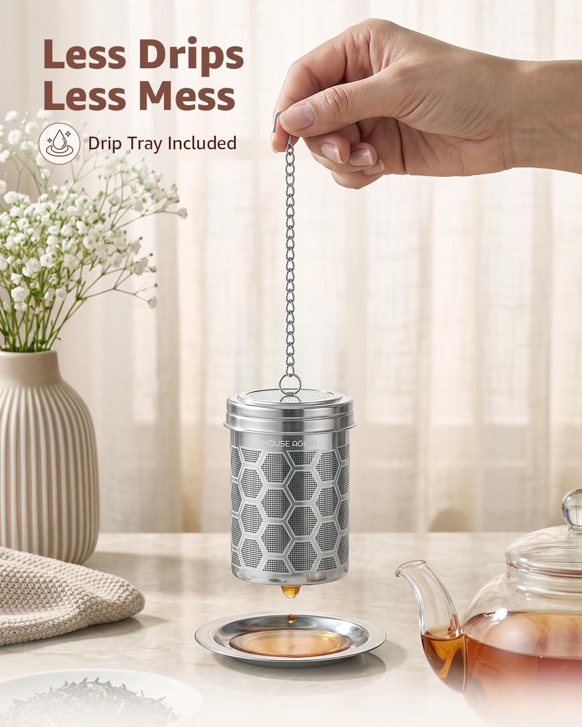 House Again 2 Pack Tea Strainers for Loose Tea, Extra Fine Mesh Tea Infuser, 304 Stainless Steel with Chain Hook, Loose Leaf Tea Steeper for Brew Tea Spices & Seasonings, Geometric Design