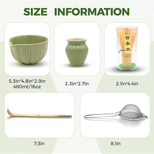 Matcha Whisk Set-5pcs, 16OZ Japanese Tea Set Includes Matcha Bowl with Spout, Bamboo Whisk with Ceramic Holder