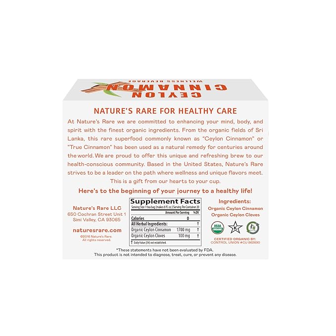 Pure Ceylon Cinnamon Brew - Organic Ceylon Cinnamon Tea Bags (40 Sachets - pack of 2 – 20 COUNT PER BOX)