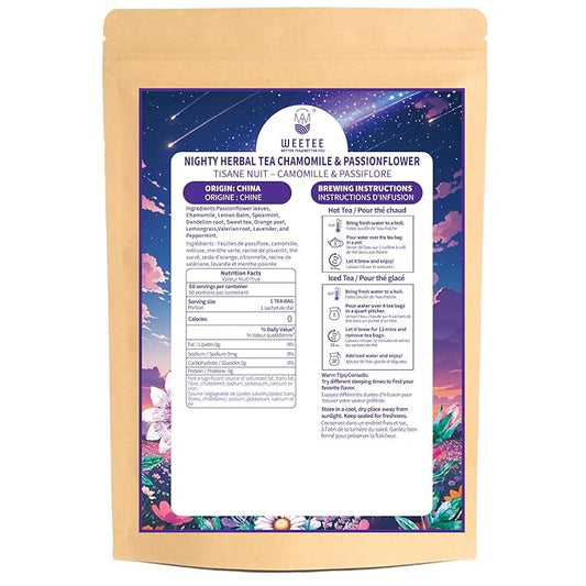 WT WEETEE Chamomile & Passionflower Nighty Herbal Tea Bags 50 Counts, Includes Spearmint, Valerian Root, Lavender, Peppermint & More, Natural Caffeine-free