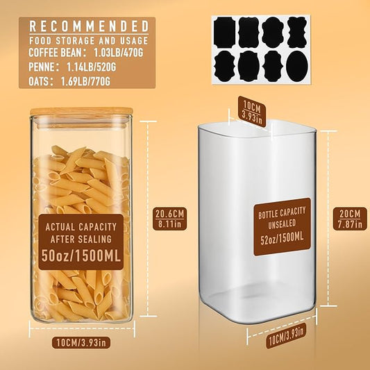 52oz Airtight Glass Square Storage Canister with Bamboo Lid Set of 3 (1550ml) Container Stackable Spice Jar, Kitchen Canister for Flour, Cookies, Cereal and Coffee beans (with Black Lable)