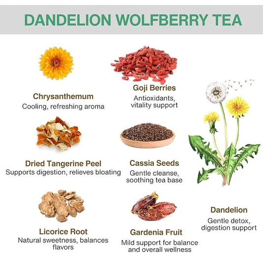 Dandelion Wolfberry Tea Bags – 10g x 20 Bags Liver and Kidney Cleanse Detox & Repair tea, Organic Dandelion Tea with Goji Berry, Chrysanthemum, Cassia Seed, Licorice – Herbal Kidney Detox Tea