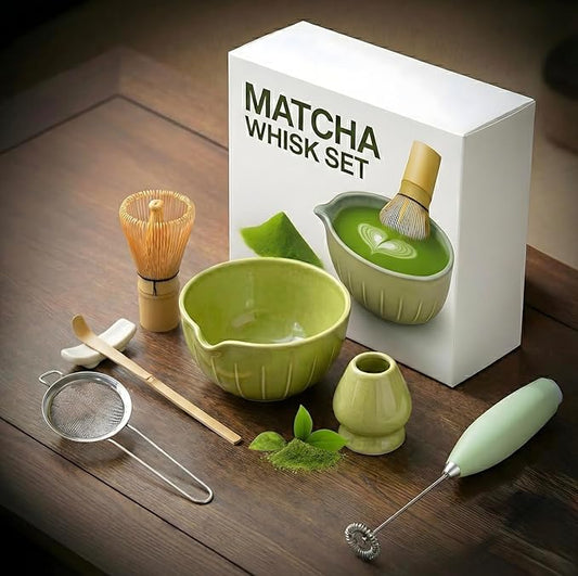 Matcha Whisk Set with Matcha Bowl - Matcha Set Included Electric Frother, Bamboo Whisk, Matcha Spoon, Bamboo Holder, Sifter, Spoon Stand (Mottled Green)