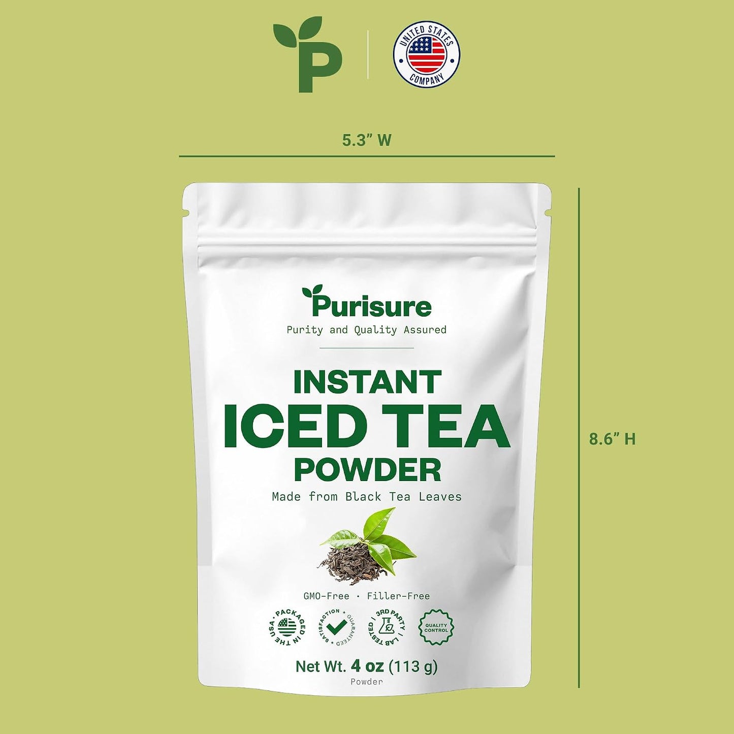 Purisure Unsweetened Instant Black Iced Tea Powder – Made from Real Tea Leaves, No Lemon Flavor, Sugarless, Zero- Calories, Dissolves in Cold Water, Makes Up to 220 plus Servings, 4 oz
