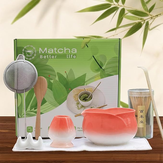 8 Pcs Matcha Whisk Set Chasen Matcha Whisk Bamboo Bowl with Spout Sifter Spoon Scoop Whisk Holder Ba