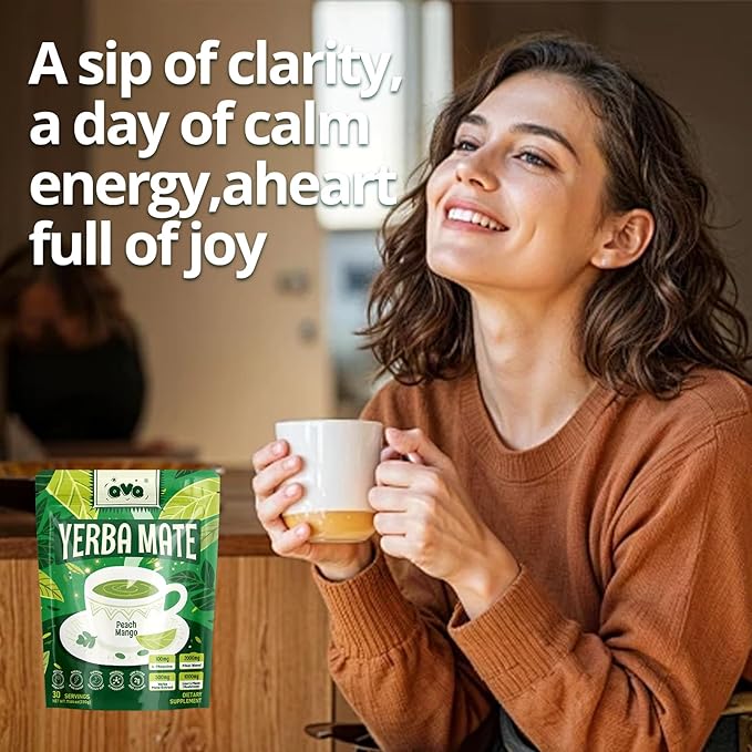 Yerba Mate Instant Tea Powder, 4-in-1 Peach Mango Flavor Super Drink with Prebiotics and Probiotics Lion’s Mane L-Theanine for Natural Energy & Gut Health, Reduce Brain Fog Low Sugar 30 Servings