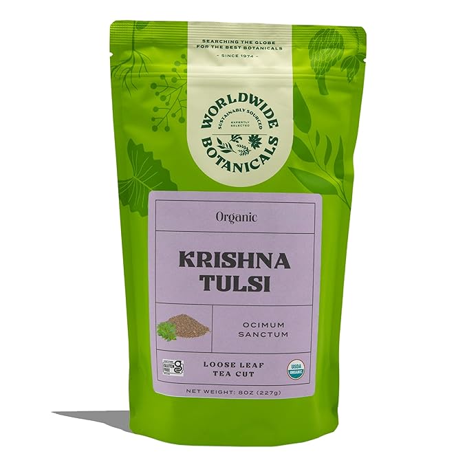 Worldwide Botanicals Organic Holy Basil Tea, 8oz - Tulsi Krishna - Loose Leaf Premium Herbal Tea, 100% Pure Tulsi Holy Basil, Fair Trade, Adaptogenic, Kosher