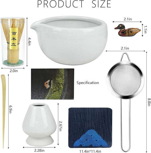 Artcome 7 Pcs Complete Matcha Ceremony Kit for Tea Ceremony, Bowl with Pouring Spout, Whisk, Tea Scoop, Matcha Powder Strainer, Matcha Tea Set For Making Usucha, Koicha and Matcha Latte (White)