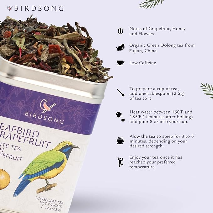 Birdsong Leafbird Grapefruit: Organic White Tea, Rich Flavourful Low Caffeinated White Peony Tea with Notes of Grapefruit and Honey, 3.4 Oz Loose-Leaf Tea with Sweet And Tangy Flavor