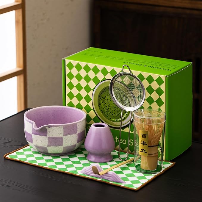 Premium 7-Piece matcha whisk set – Traditional Japanese Style with Elegant Grid Pattern, Includes Bamboo Whisk, Ceramic Bowl, Scoop & More