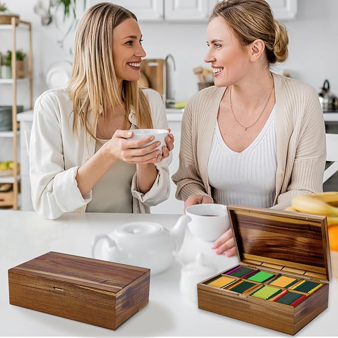 Acacia Wood Tea Bag Organizer Tea Storage Box Organizer Teabag Holder Container Tea Caddy for Tea Bags Chest 8 Compartments Divided Storage Container for Countertop Kitchen Cabinet Pantry