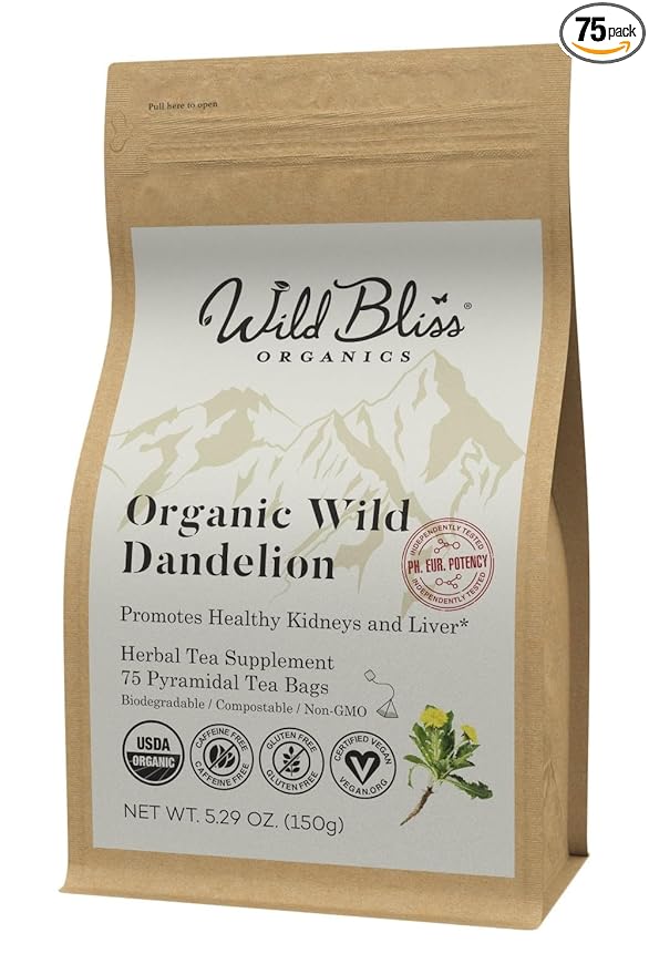 Wild Bliss Organic Wild Raw Dandelion Root Tea - Pharmacopoeia Quality Caffeine Free Herbal Detox Su