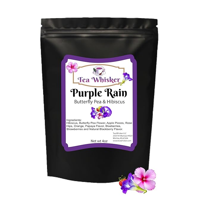 Tea Whisker - Purple Rain, Butterfly Pea & Hibiscus, Floral Herbal, Loose Leaf Tea, 4 Ounce Pouch, Serve Iced or Hot, Non-Caffeinated