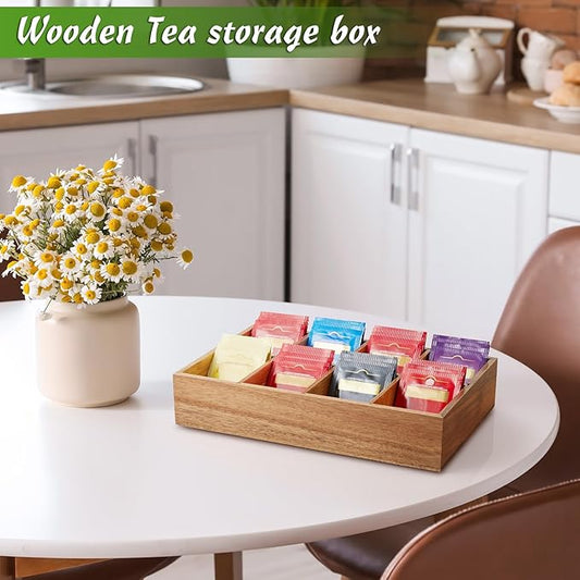 DRASTAR Acacia Wooden Tea Bag Organizer with 8 Slots, Sugar Packet Holder and Tea Bag Caddy Box for Countertop