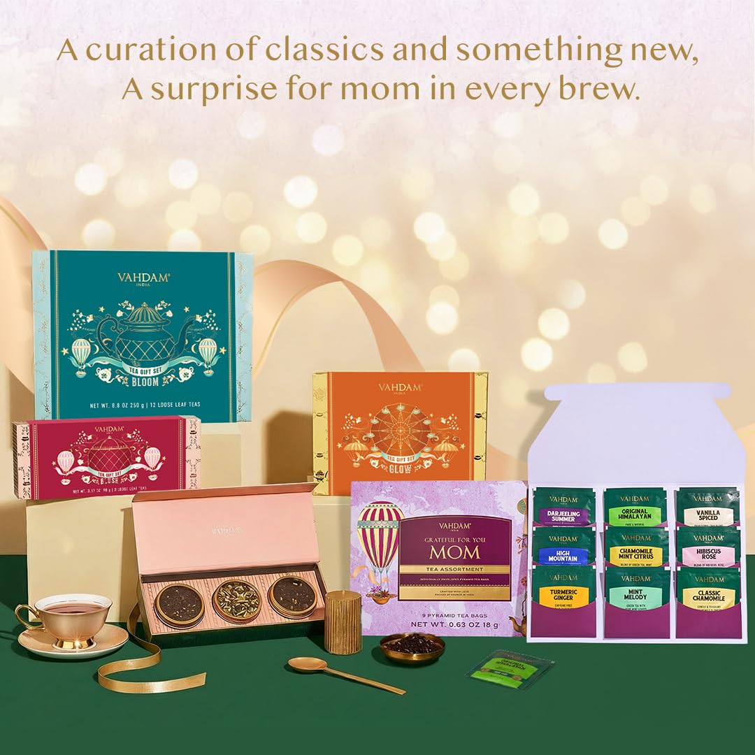 Limited Edition - Mothers Day Gifts for Mom from Son, Daughter | Assorted Tea Gift Set - 9 Tea Variety Pack | Long Leaf Pyramid Tea Bags | Mothers Day Gifts for Mom/Grandmother | VAHDAM