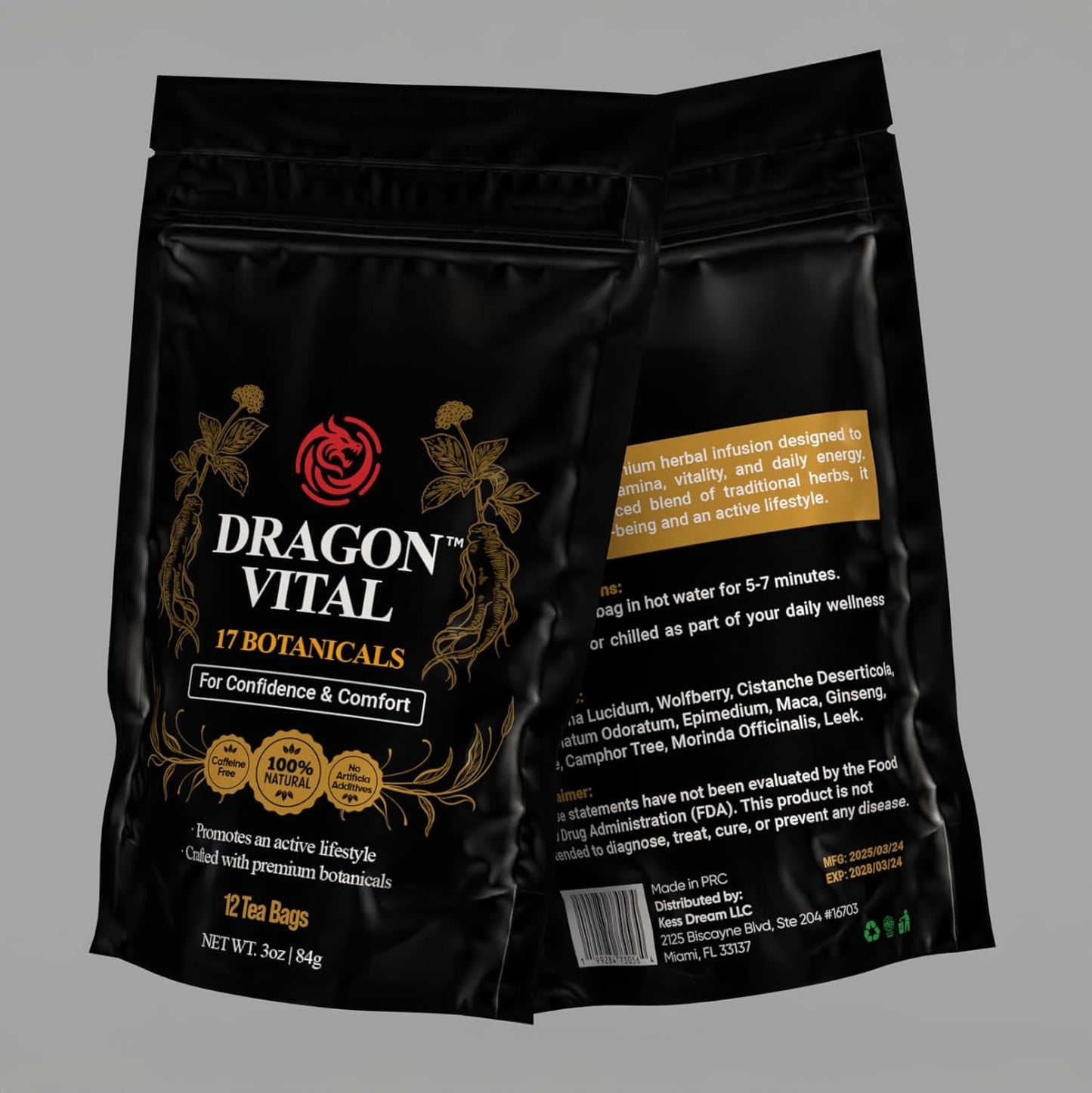 Dragon Vital Herbal Tea with Ginseng & Maca – Natural Energy Support | Caffeine-Free Botanical Blend for Vitality & Active Living | All natural - NON-GMO & No Preservatives |12 Tea Bags | by Robutop