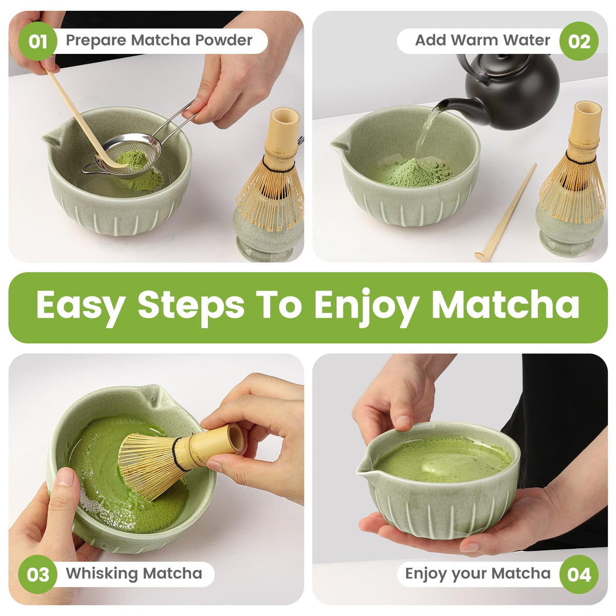 Farielyn-X Matcha Whisk Set, Japanese Tea Set (5pcs) includes Matcha Bowl with Spout (19 oz), Bamboo Whisk, Matcha Scoop