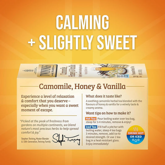 Twinings Camomile, Honey & Vanilla Herbal Tea Bags, 20 CT Box (6 Pack) | Calming for Relaxation, Naturally Caffeine-Free, 120 Foil Lined Individually Wrapped Bags, Enjoy Hot or Iced