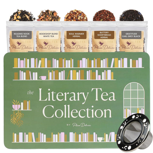 Literary Tea Collection Assorted Tea Gift Set - Hand-Crafted Loose Leaf Teas, Presentation Gift Box with Loose Leaf Steeper Included - Mixed Caffeine - 5 Unique and Flavorful Teas, 75+ Cups