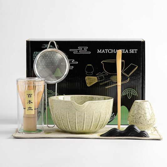 Matcha Whisk Set - 7PCS matcha kit ,Matcha Bowl with Spout, Bamboo Whisk with Ceramic Holder, Macha Scoop and Sifter, Matcha Kit for Ceremony