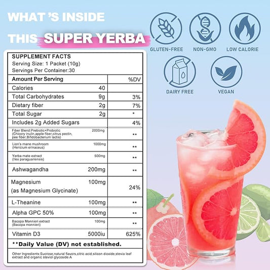 Super Yerba Mate Instant Powder Variety Pack - Citrus, Lemon & Grapefruit Flavors | 30 Servings Each | Energy Boost, Mental Clarity, Gut Health & Satiety | Prebiotics, Probiotics, Hot & Cold Brew, Portable (Grapefruit)