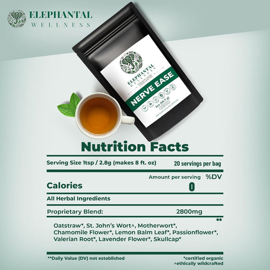 Elephantal Wellness Nerve Ease Herbal Tea | Botanical Blend with Chamomile, Passionflower, Lemon Balm, Valerian & St. John's Wort | Loose Leaf, Caffeine-Free, 2oz, 20 Servings