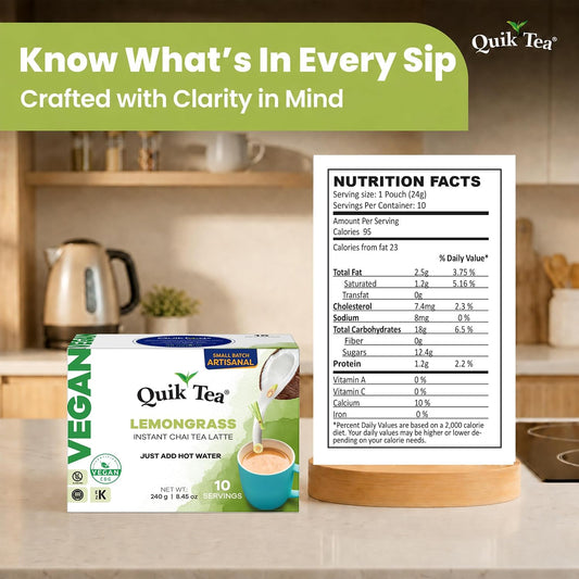 QuikTea Vegan Instant Chai Tea Latte Mix, Lemongrass, 10 Sachets