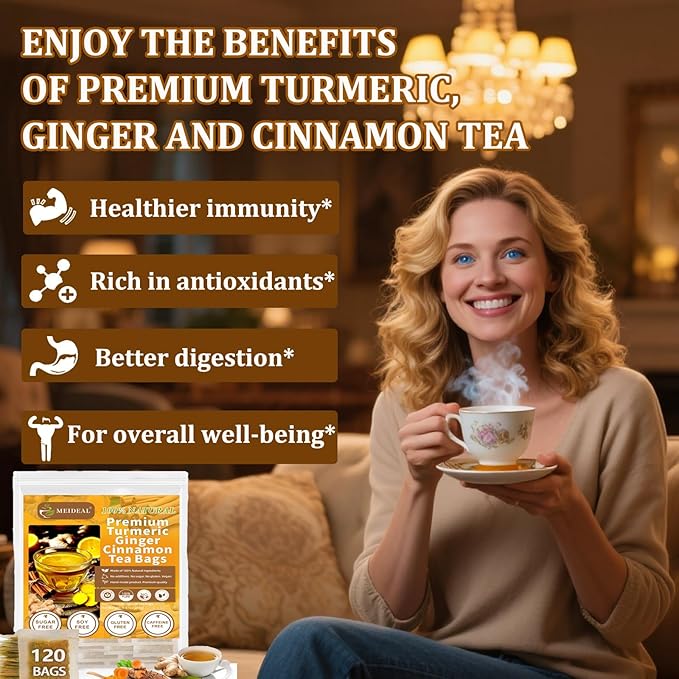 120 Bags Premium Turmeric Ginger Cinnamon Tea, 100% Natural Ingredients Blend, Pure Turmeric Ginger Herbal Tea for Wellness, No Additives, No Sugar, No Caffeine, Vegan (120 Bags)