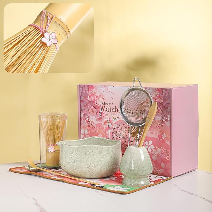 Handcrafted Matcha Bowl Set 8pc - Japanese Style Ceramic Chawan Tea Cups with Floral Art & Wavy Rim