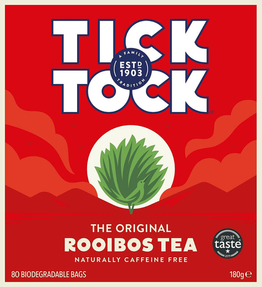 TICK TOCK TEAS Organic Rooibos Tea Bags - Naturally Caffeine Free Red Bush Herbal Tea from South Africa | Smooth & Rich Flavor, Low Tannin, Enjoy Hot or Iced with Milk, Lemon, or Honey - 80 Count