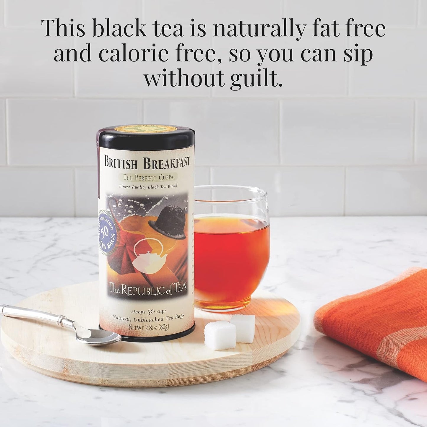 The Republic of Tea British Breakfast Black Tea, 50 Count | Naturally Caffeinated. Made for morning or afternoon sipping. Brisk and full-bodied. Gluten Free and Kosher.