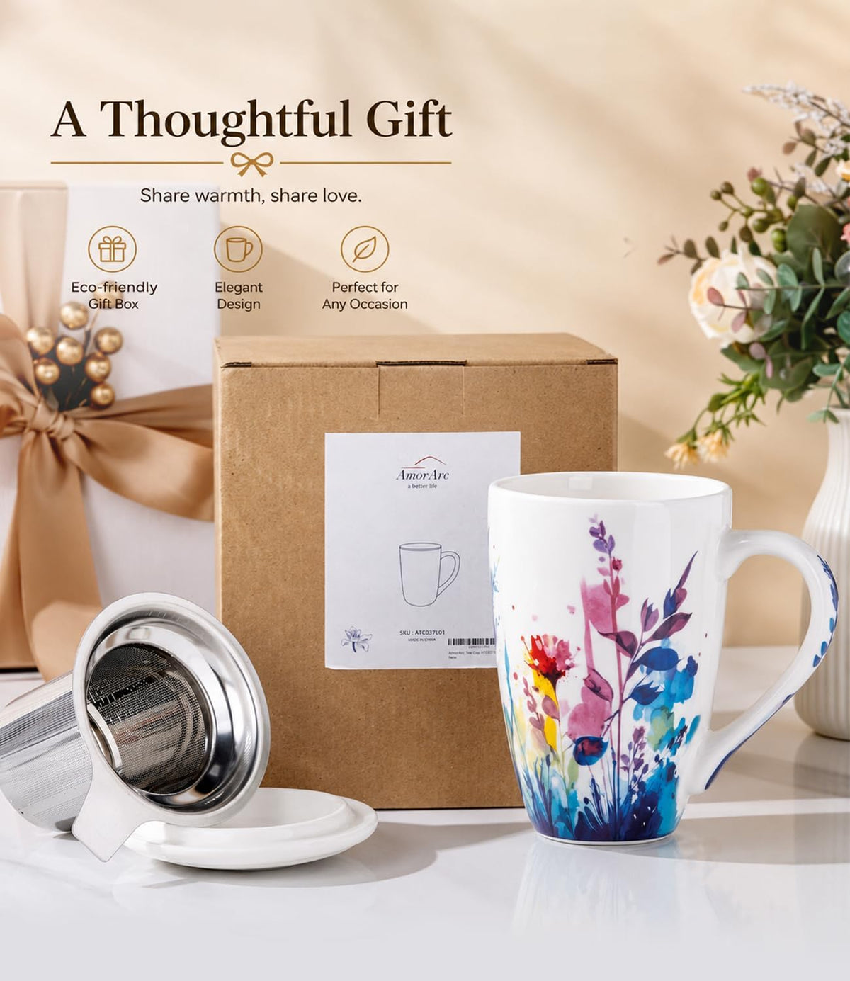 AmorArc Tea Cup With Infuser and Lid, 18oz Loose Leaf Tea Mug With Steeper