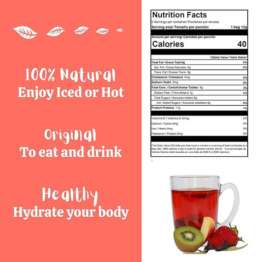 Alibú Dried Fruit Tea Infusions - Alegria - Strawberry, Apple, Kiwi, Hibiscus – Certified Vegan, 100% Natural, Hot or Iced, Caffeine Free, Eat or Drink - Box of 2.12 oz