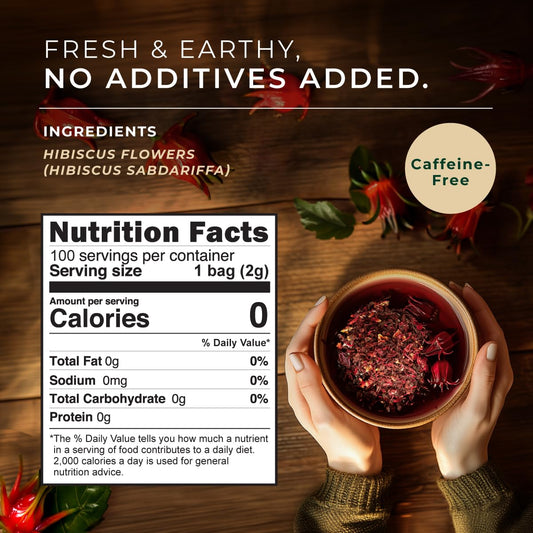 Hibiscus Tea Bags 100 Count - 100% Natural Caffeine Free Herbal Tea | Tart and Refreshing Tea - No Added Sugar, No Fillers - Hot or Iced - Non-GMO