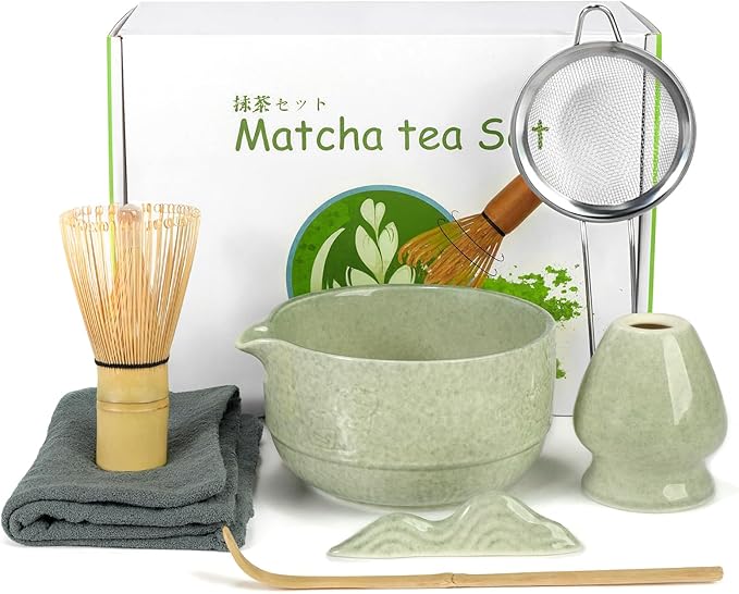 7Pcs Matcha Whisk Set,Ceramic Matcha Tea Set Includes Whisk Matcha Bowl Scoop and Whisk with Holder