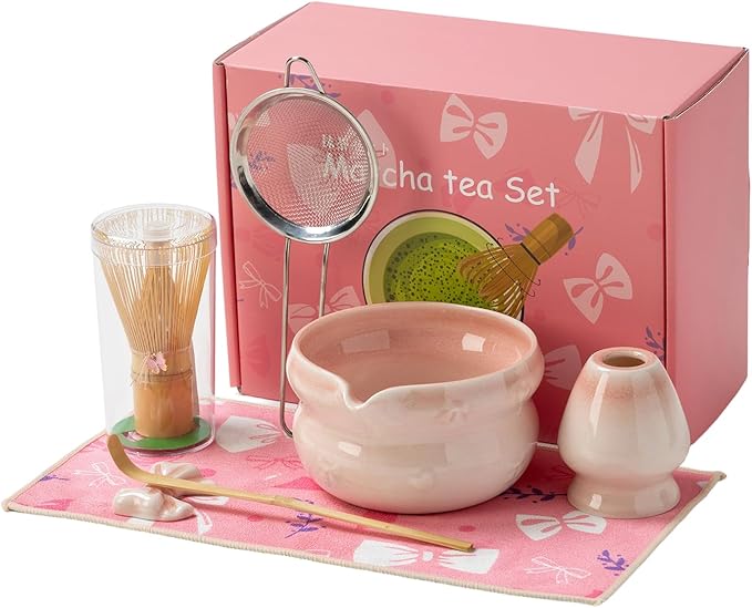 Matcha Kit 7-Pcs matcha whisk set, Measuring Spoon, Japanese Tea Making Tools,Cha, tea bowl, pink ma