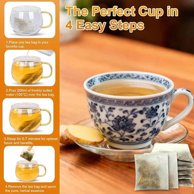 Ginger Turmeric Tea 2g x 60 Teabags | 100% Golden Blend for Wellness | Powerful Antioxidant & Natural Digestion Metabolism Support | Warming, Caffeine-Free Herbal Tea