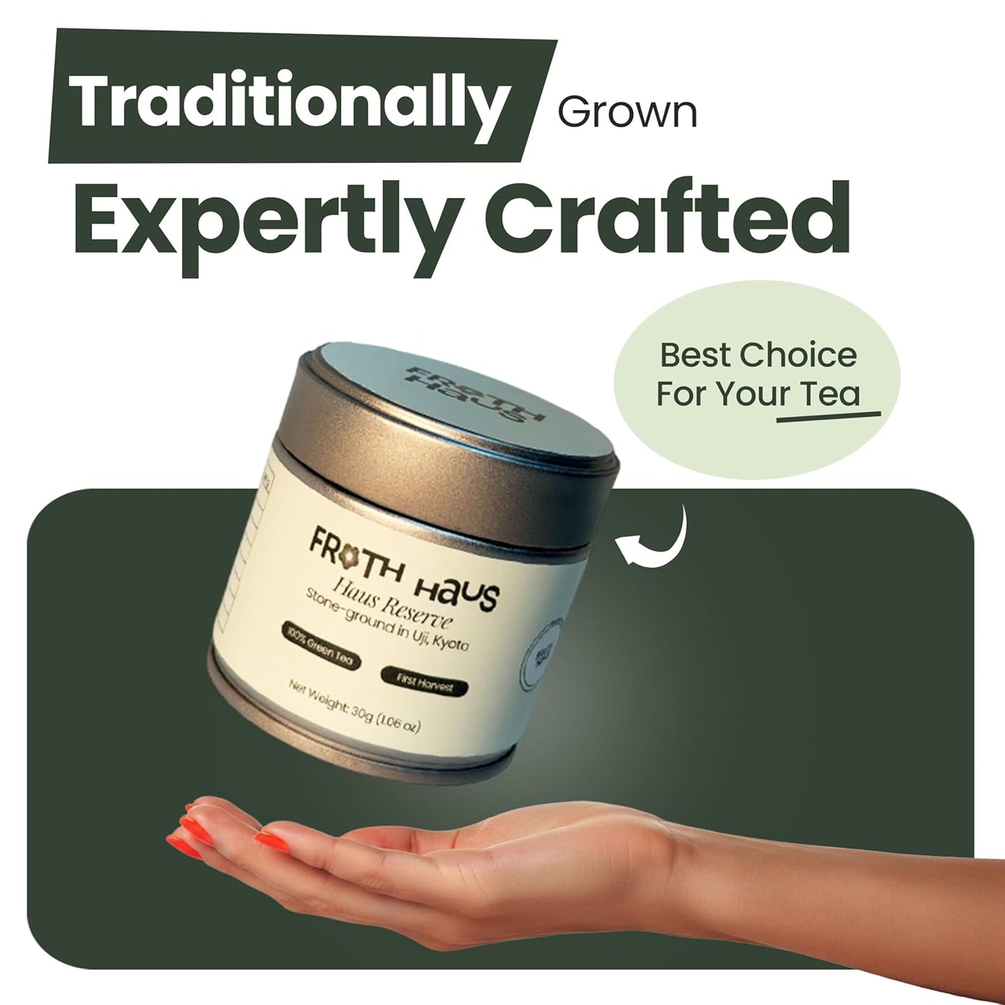 Froth Haus Premium Reserve Authentic Japanese First Harvest Ceremonial Grade Matcha Green Tea Powder, Pure Organc Grown in Uji, Kyoto