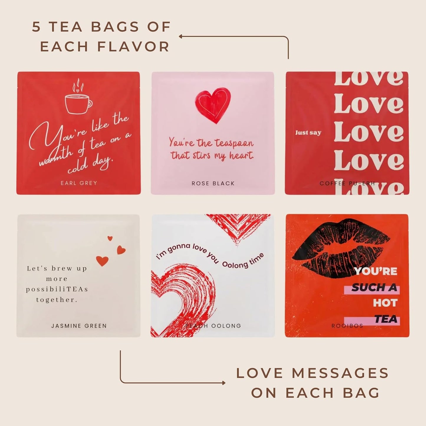 Valentine's Day Tea Gift, Love Is Brewing Tea Sampler by TEASAYS, Premium Whole Leaf Tea Bags with Love Messages, Romantic Gift for Her, Him, Girlfriend, Boyfriend, Wife, Husband, Partner