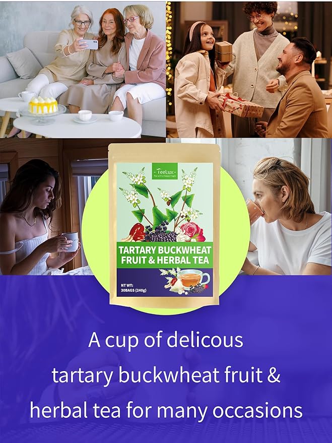 TeeLux Rose Blueberry Tea Bags, 8g/bag, Tartary Buckwheat with Mulberries, Red Dates, Caffeine Free, Floral Aroma & Rich Tartary Buckwheat Aroma, 30 Count