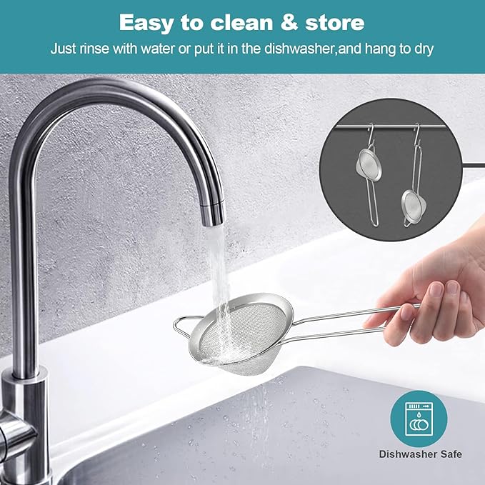 2 Pack Fine Mesh Strainer, Small Stainless Steel Sieves with Handles, for Steeping Loose Leaf Tea, Straining Cocktail, Juice and Sifting Flour